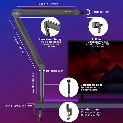 IXTECH RGB Mic Boom Arm High Profile, Overhead Boom Arm Microphone Stand Desk Mount, Adjustable Microphone Stand with Desk Mount, Mic Arm for Live Streaming Gaming Podcasting Recording (Black)