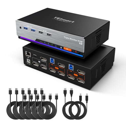TESmart 8K@60Hz DP KVM Switch 3 Monitors 2 Computers USB 3.0, KVM Switch Triple Monitor 2 Computers DisplayPort 1.4, Support EDID, 1G Ethernet, Hotkey Switch, 4K@144Hz 2K@144Hz for Gaming&Home Office