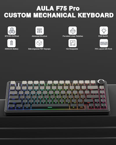 AULA Wireless Mechanical Keyboard,Gasket Hot Swappable Custom Keyboard,RGB Backlit,Pre-lubed Linear Switches,Side Printed PBT Keycaps,2.4GHz/USB-C/Bluetooth Mechancial Gaming Keyboard