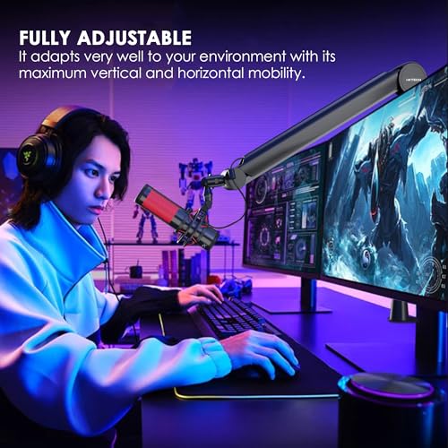 IXTECH RGB Mic Boom Arm High Profile, Overhead Boom Arm Microphone Stand Desk Mount, Adjustable Microphone Stand with Desk Mount, Mic Arm for Live Streaming Gaming Podcasting Recording (Black)