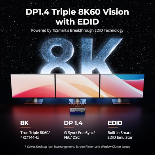 TESmart 8K@60Hz DP KVM Switch 3 Monitors 2 Computers USB 3.0, KVM Switch Triple Monitor 2 Computers DisplayPort 1.4, Support EDID, 1G Ethernet, Hotkey Switch, 4K@144Hz 2K@144Hz for Gaming&Home Office
