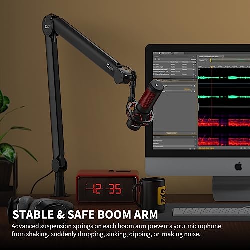 IXTECH RGB Mic Boom Arm High Profile, Overhead Boom Arm Microphone Stand Desk Mount, Adjustable Microphone Stand with Desk Mount, Mic Arm for Live Streaming Gaming Podcasting Recording (Black)