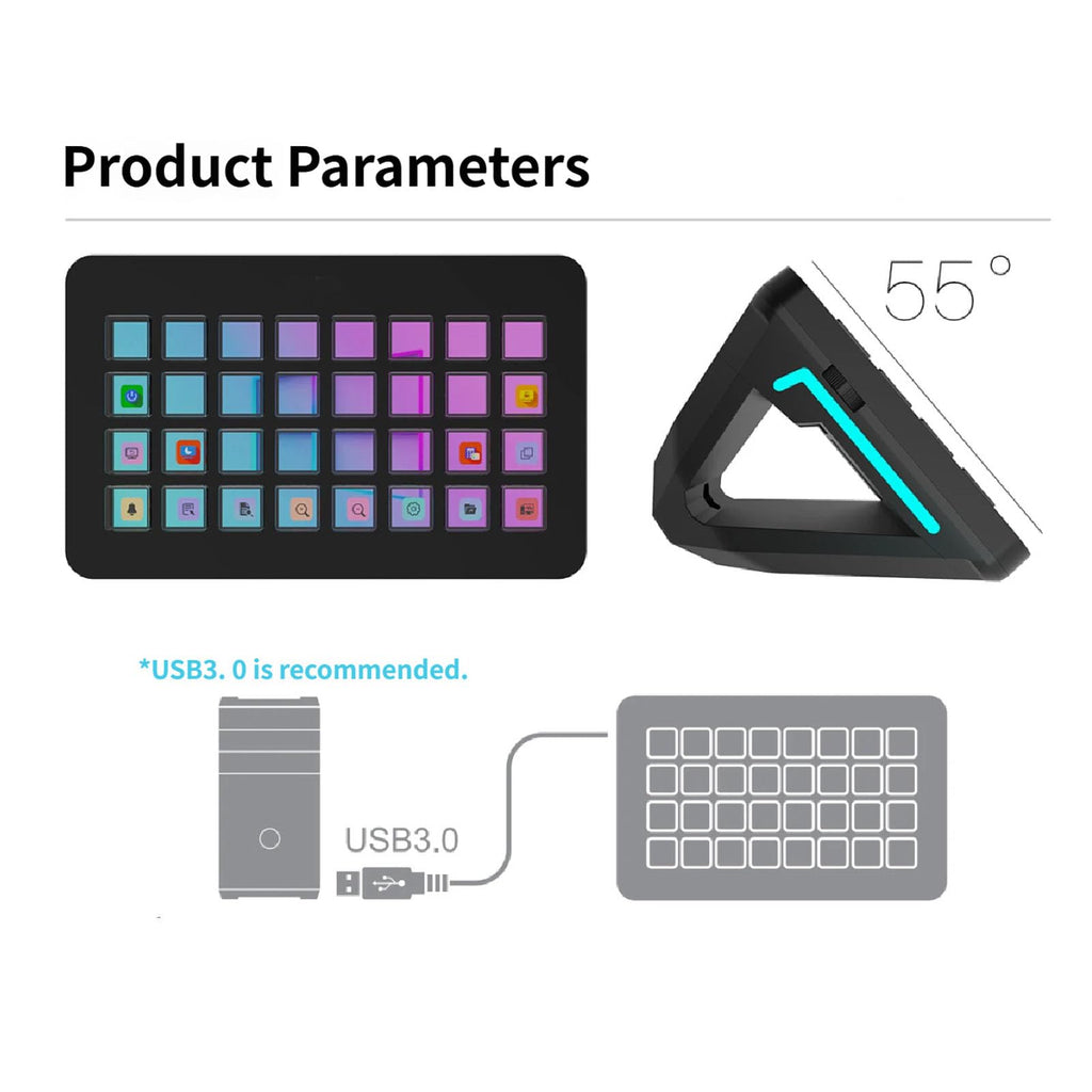 Keypad Portable 32 Customizable Macros Keyboard with Visual Console for Streamdeck Control Video Editing Keyboards