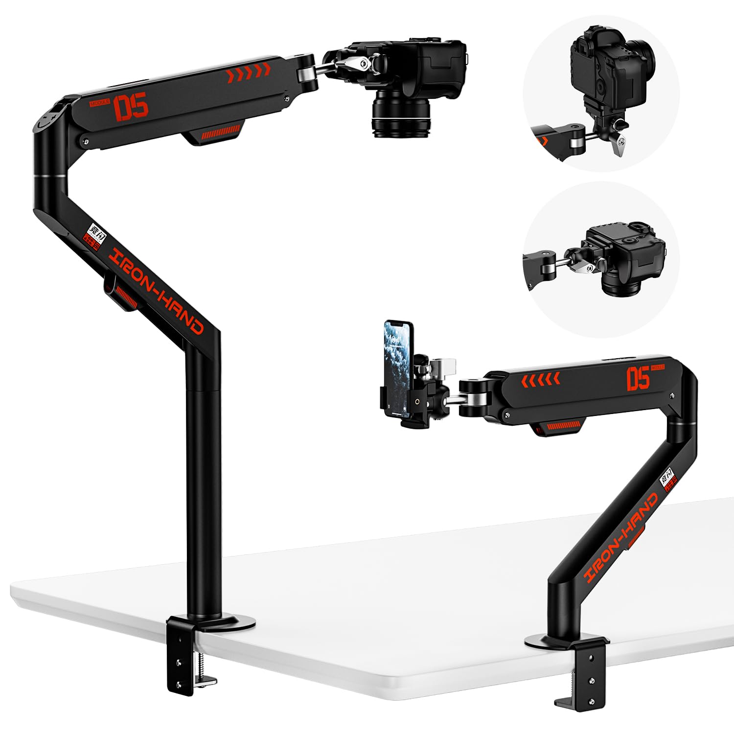 JINRAIKO Overhead Camera Mount with 360° Adjustable Arm & Phone Holder for TikTok Live Streaming Photography Studio Content Creation, Desk Mount for for DSLR Camera/Webcam/Microphone