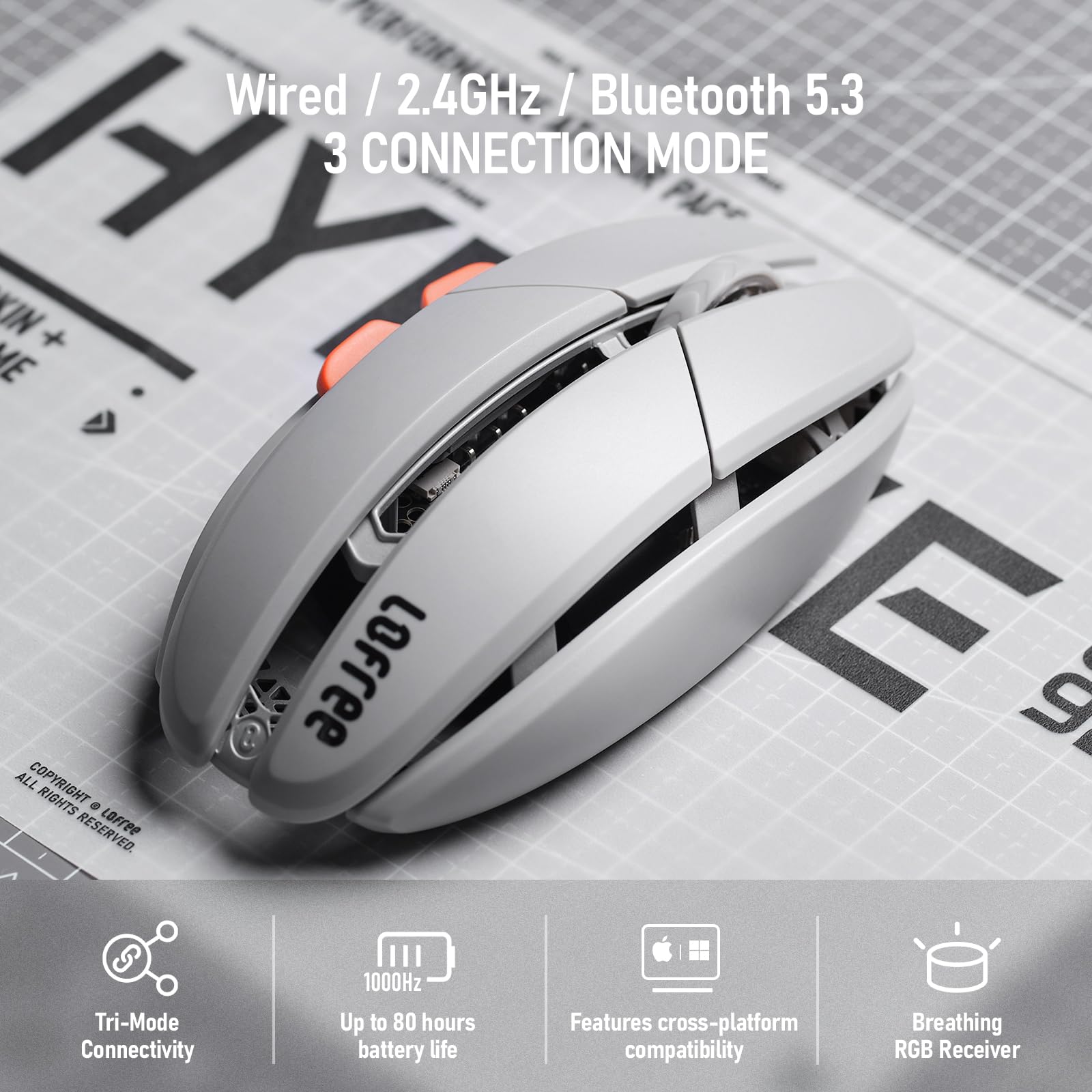 LOFREE Hypace Ultra-Lightweight Wireless Gaming Mouse, 47g, PAW3395 Sensor, 40K DPI, 8K Polling Rate, Mg Alloy Frame, Tri-Mode(Bluetooth/2.4GHz/Wired), 100Hrs Battery for PC/Mac
