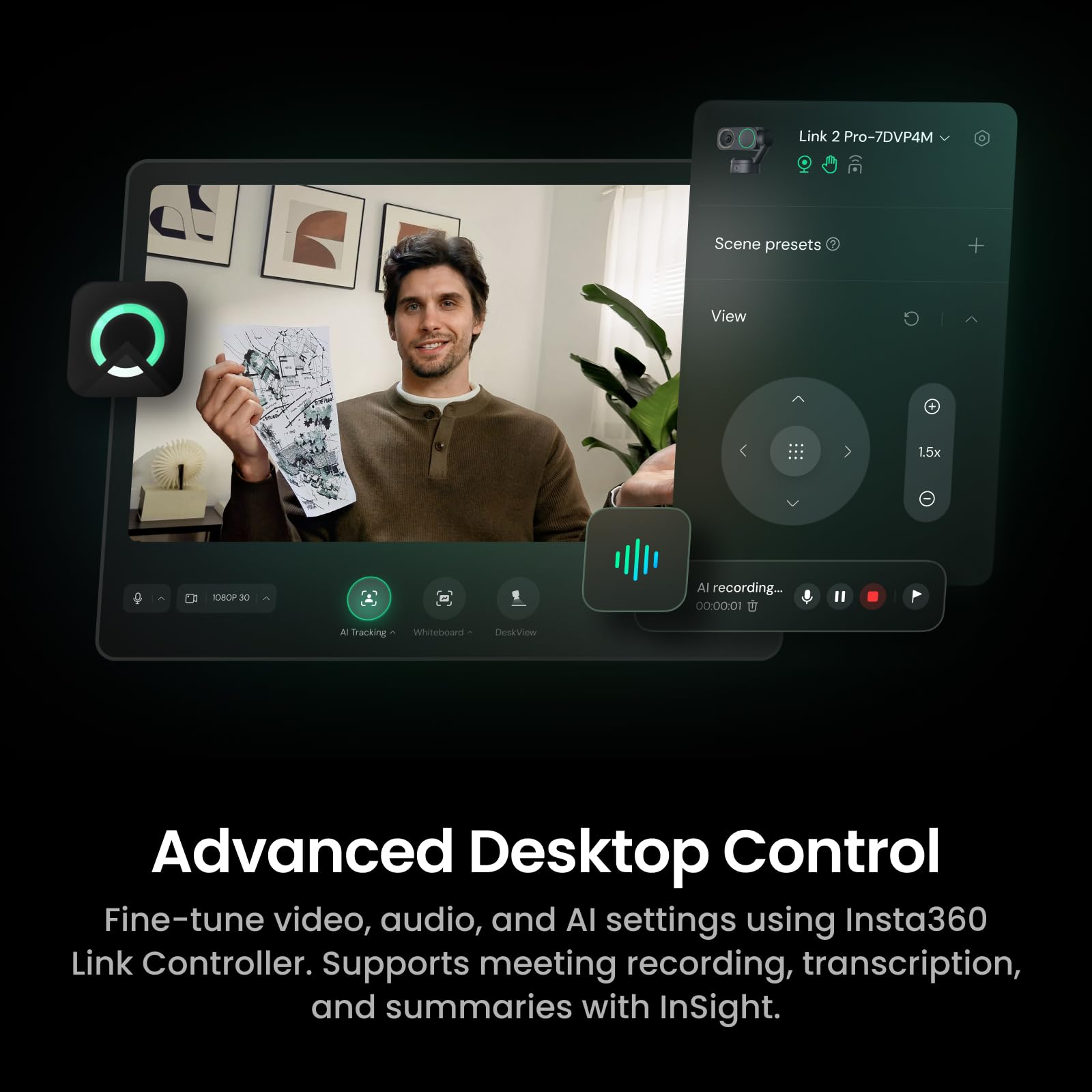 Insta360 Link2 Pro - 4K PTZ Webcam for PC/Mac