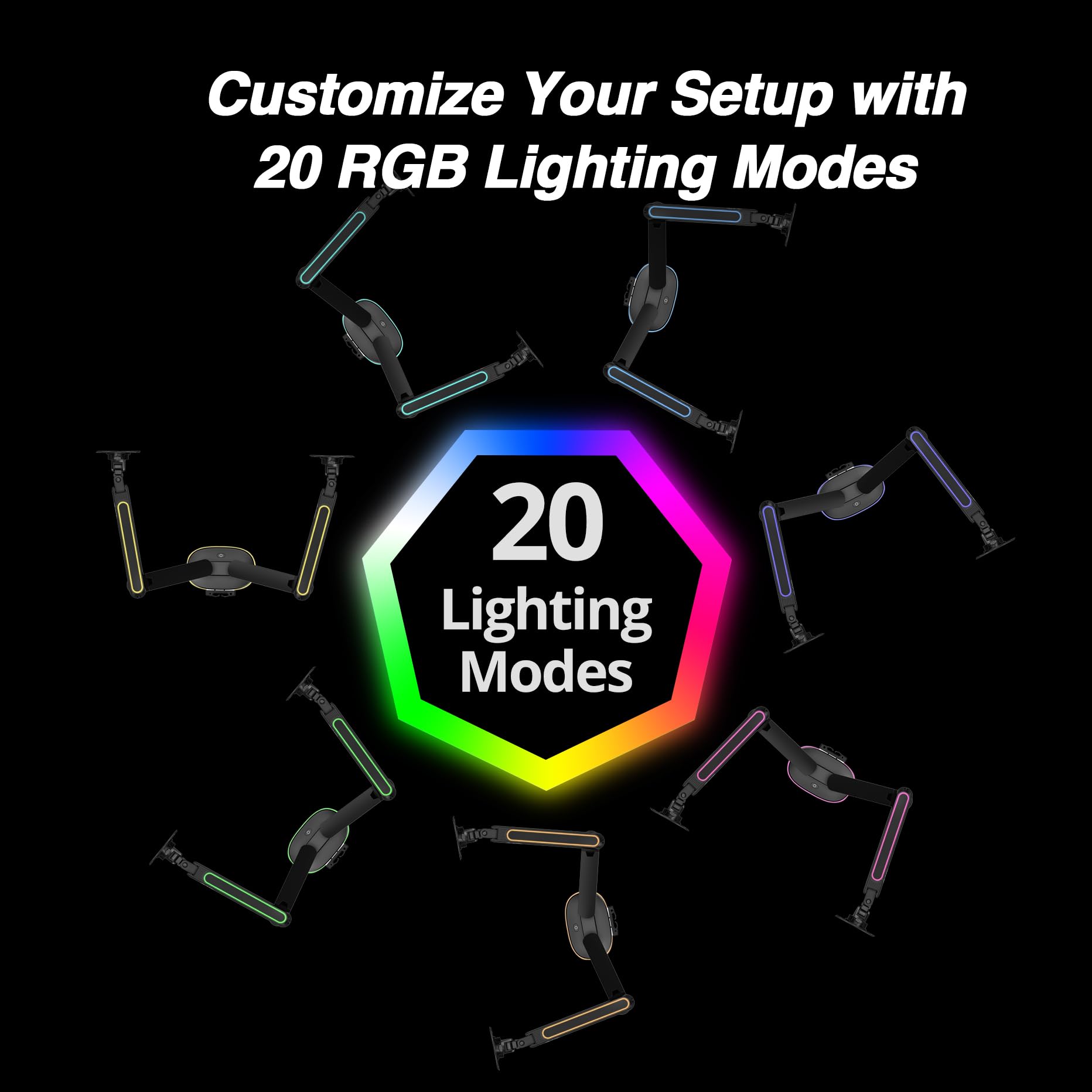 AVLT RGB Gaming Monitor Arm Desk Mount Built-in 20 Lighting Modes Touch Button Control