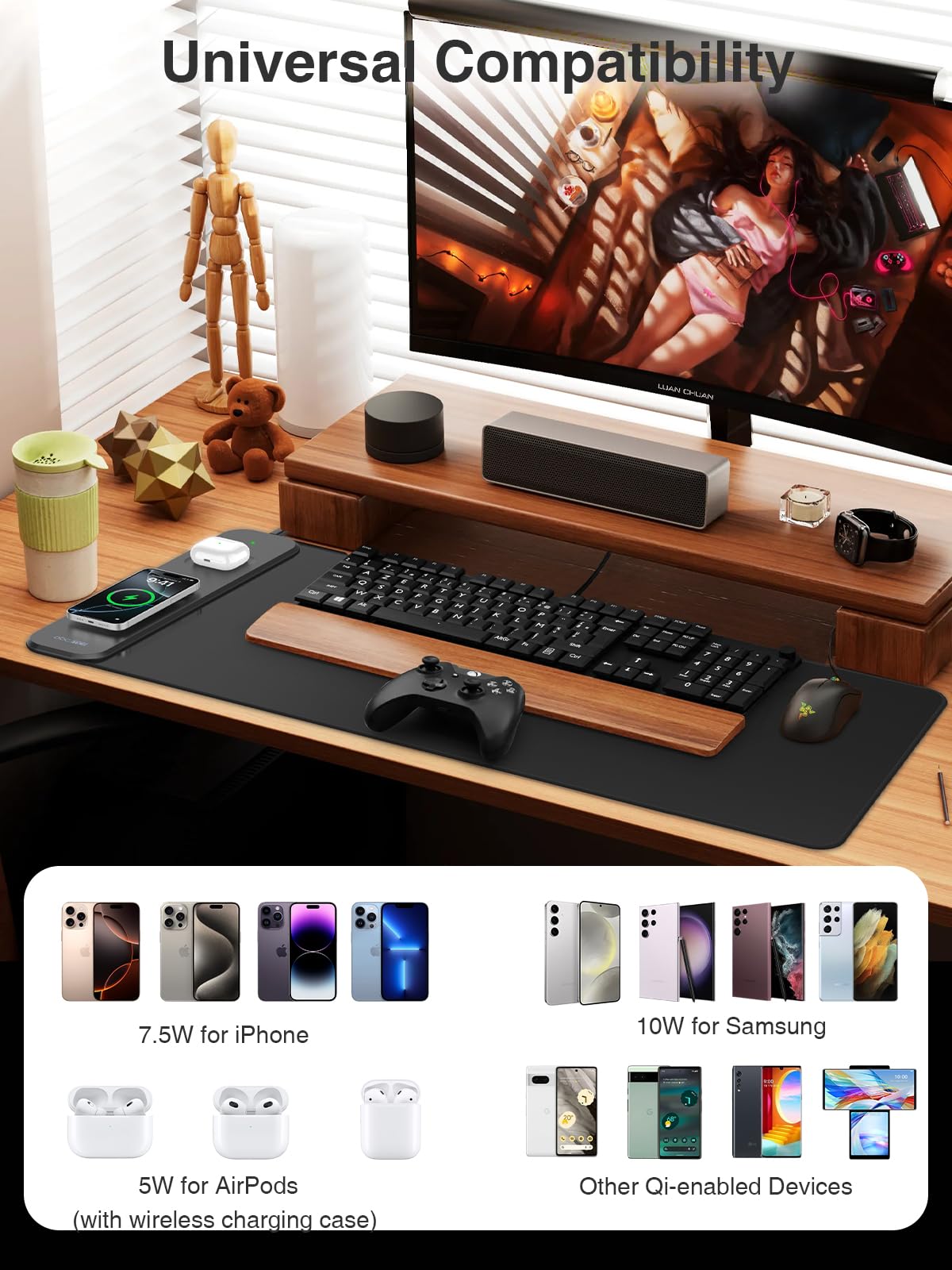 Wireless Charging Mouse Pad with Phone Stand, 31.5"x15.8" Large