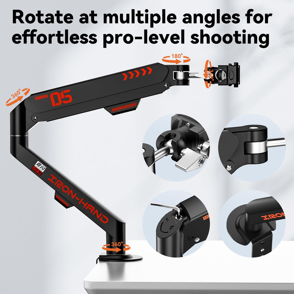 JINRAIKO Overhead Camera Mount with 360° Adjustable Arm & Phone Holder for TikTok Live Streaming Photography Studio Content Creation, Desk Mount for for DSLR Camera/Webcam/Microphone