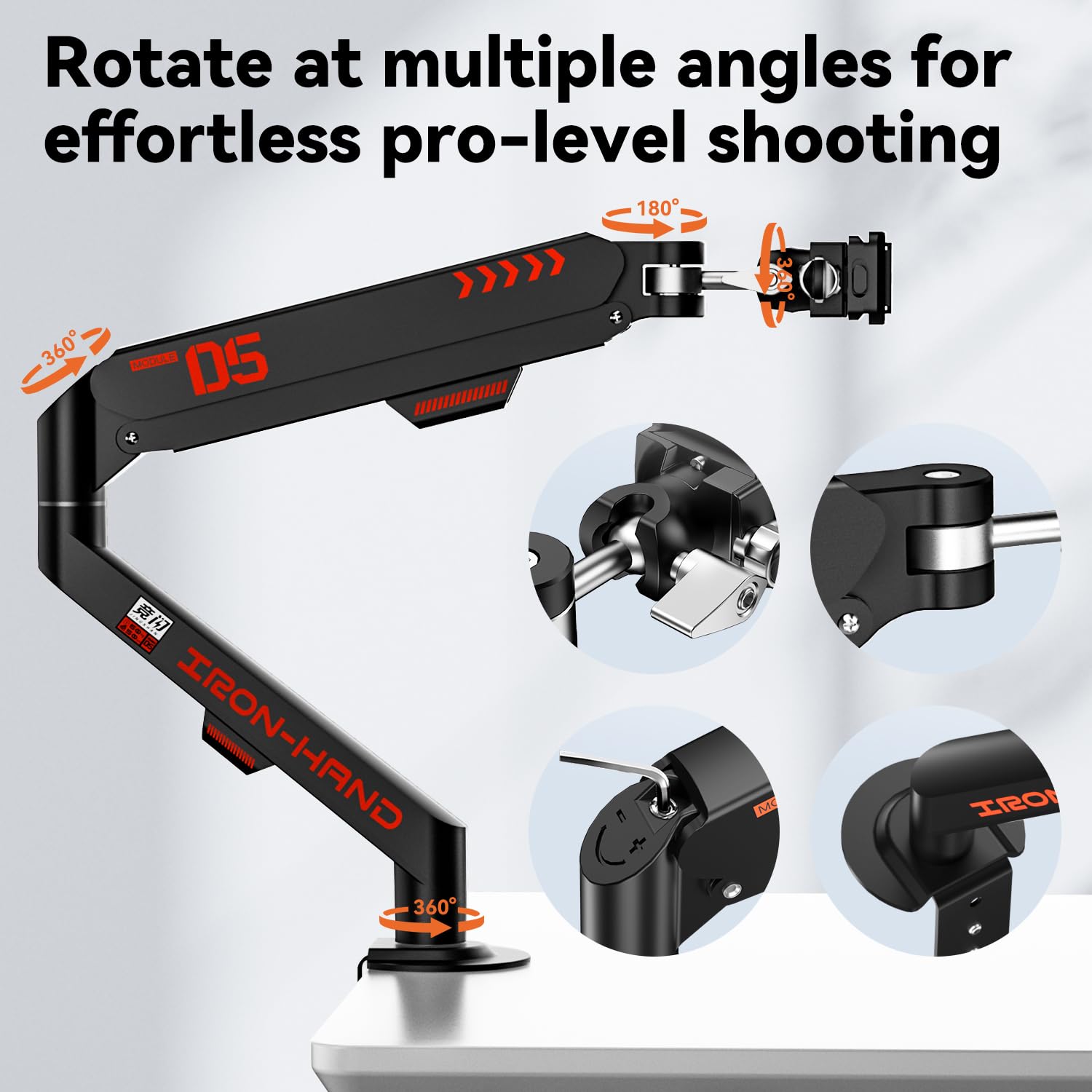 JINRAIKO Overhead Camera Mount with 360° Adjustable Arm & Phone Holder for TikTok Live Streaming Photography Studio Content Creation, Desk Mount for for DSLR Camera/Webcam/Microphone