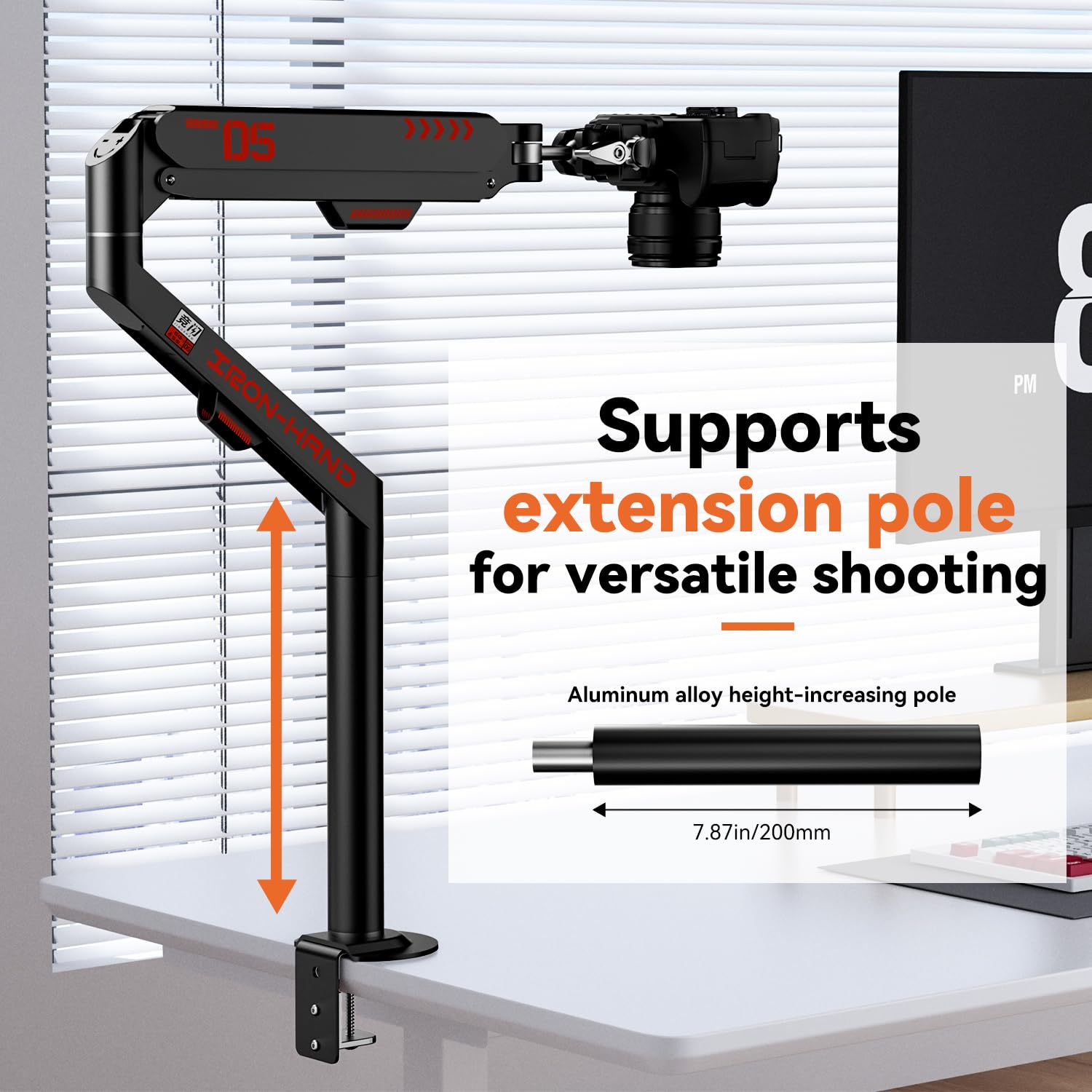 JINRAIKO Overhead Camera Mount with 360° Adjustable Arm & Phone Holder for TikTok Live Streaming Photography Studio Content Creation, Desk Mount for for DSLR Camera/Webcam/Microphone