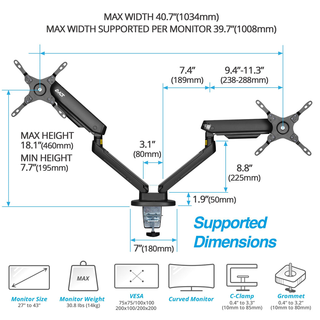 AVLT RGB Gaming Monitor Arm Desk Mount Built-in 20 Lighting Modes Touch Button Control