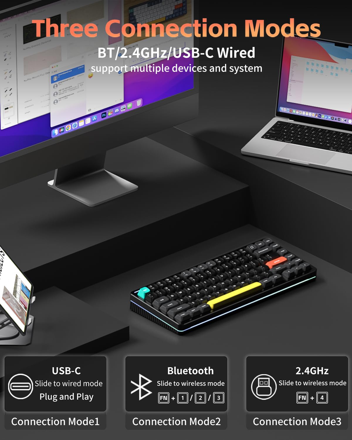 nuphy Halo V2 IO Wireless Mechanical Keyboard with PBT Keycaps,Hot Swappable Custom Gaming Keyboard,Aluminum Alloy Frame,RGB Backlit,Gasket Structure,BT5.0/USB-C/2.4GHz Low Latency Office Keyboards