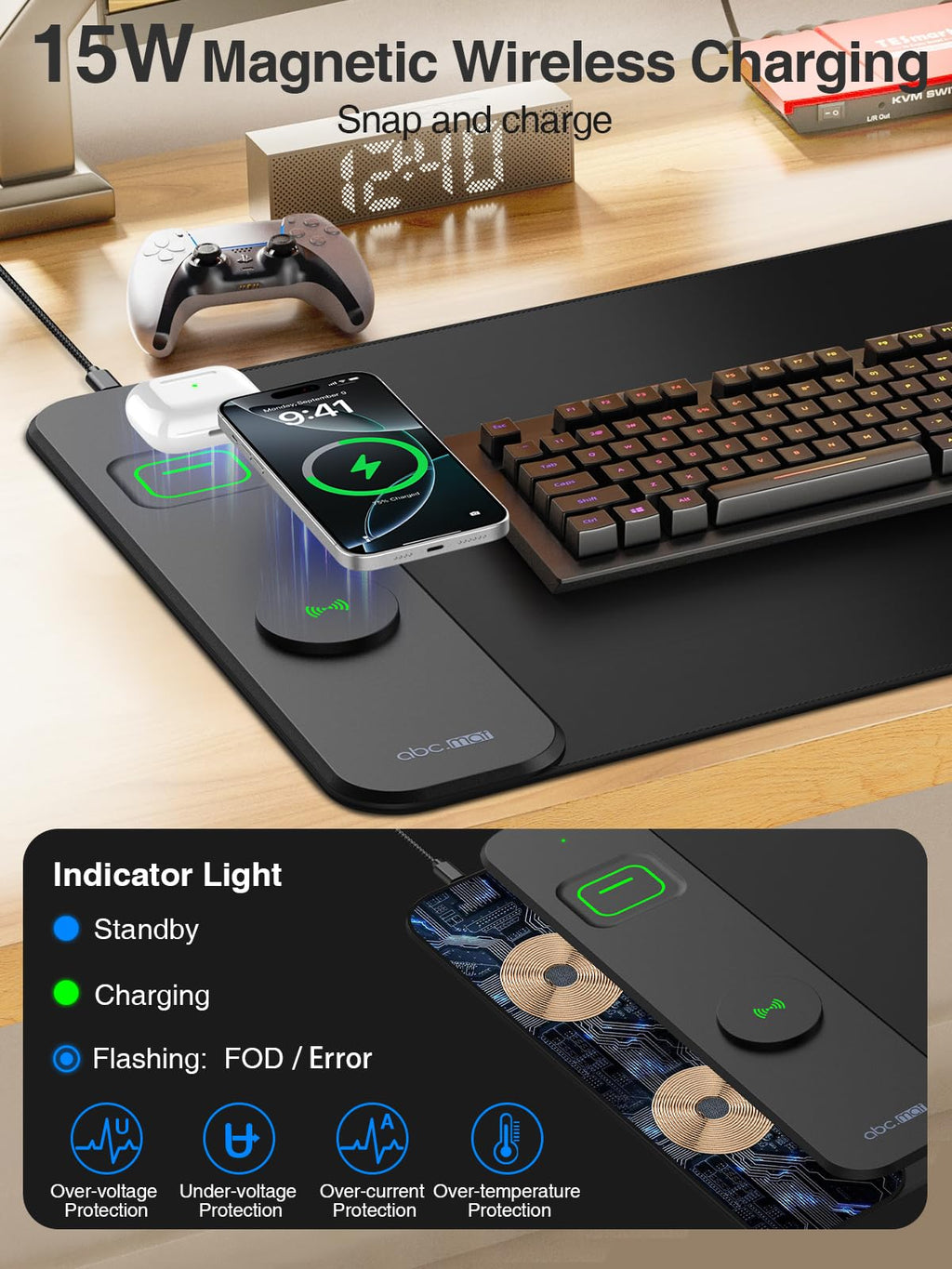 Wireless Charging Mouse Pad with Phone Stand, 31.5"x15.8" Large