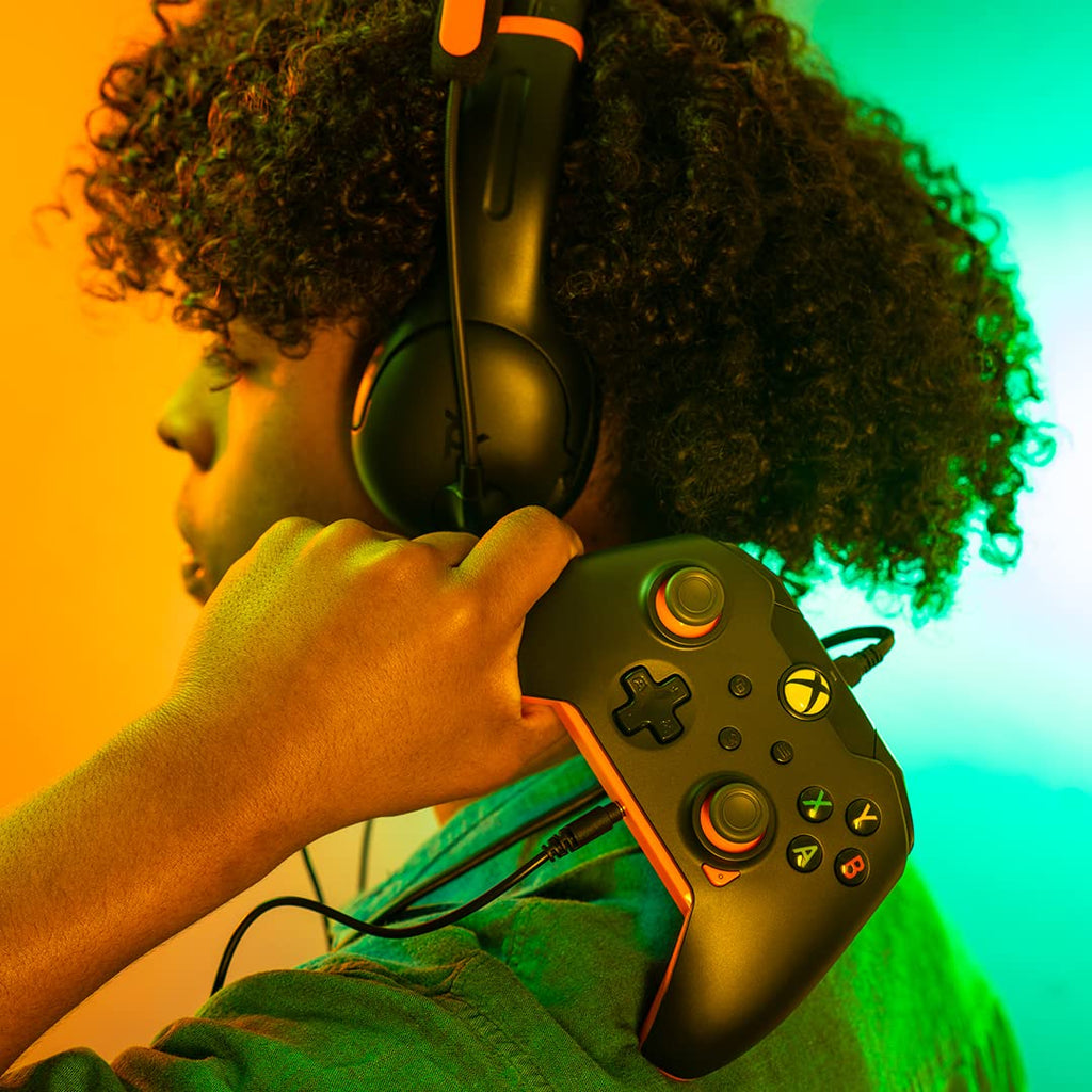 PDP Wired Xbox Gaming Controller: Gamepad Licensed for Xbox Series X|S, Xbox One, PC, Audio Controls, 8ft Cable, 3.5mm jack, Mappable Buttons/Triggers, Companion App: Atomic Black (Black and Orange) (Renewed)