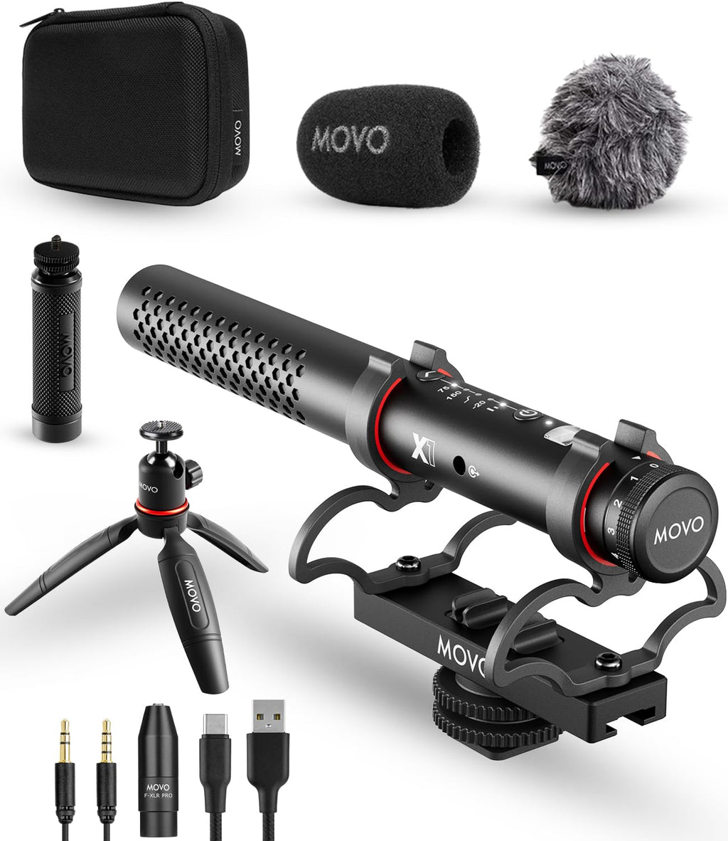 Movo X1 Supercardioid Shotgun Microphone - 3.5mm/XLR/USB-C Camera Mic for DSLR, Smartphones, and Computers - Professional Boom Microphone with Advanced Audio Controls, Tripod, and Accessories