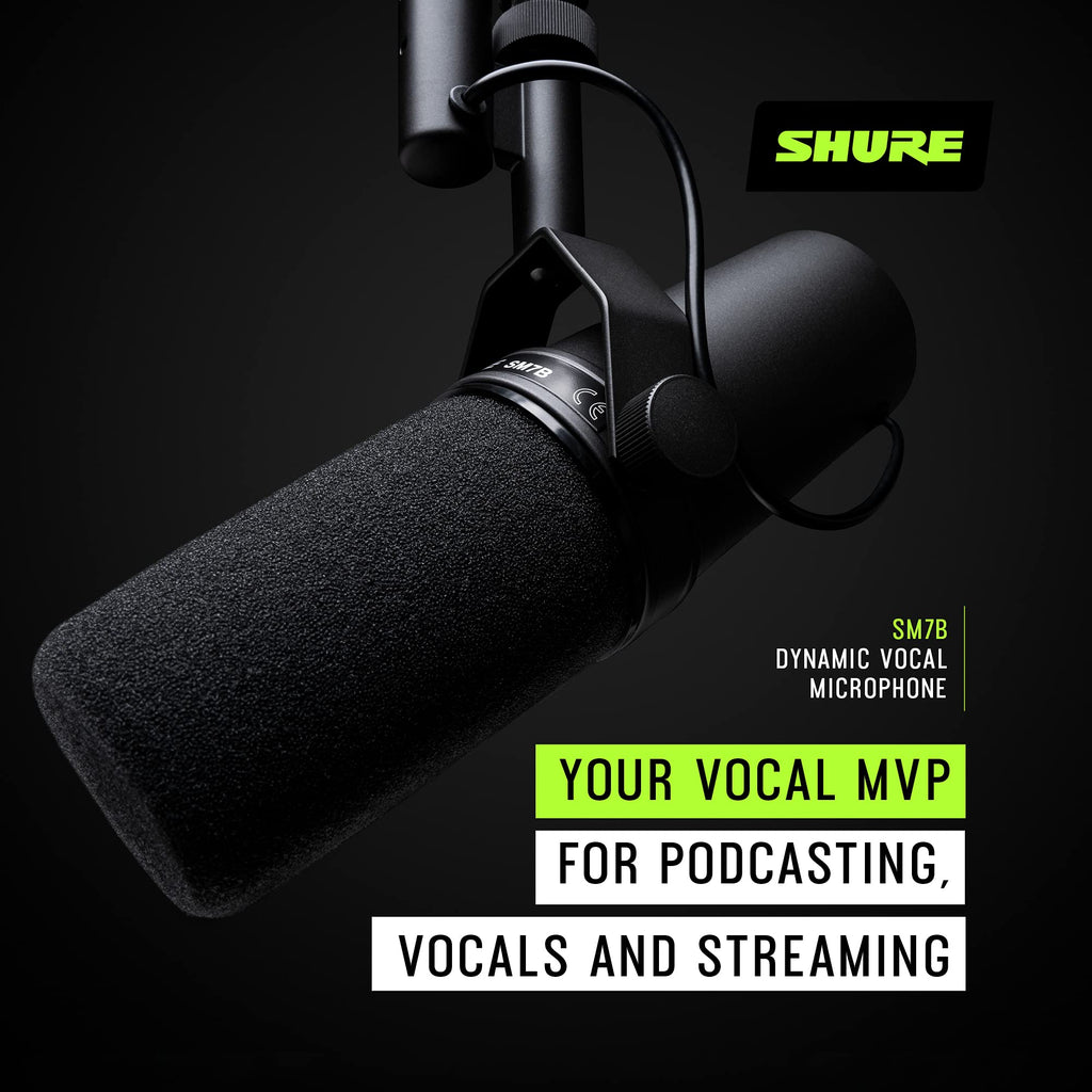 Shure SM7B Dynamic Studio Microphone - XLR Mic for Podcasting, Streaming, Vocal Recording & Broadcasting, Wide Frequency Range, Smooth Warm Audio, Detachable Windscreen, Black