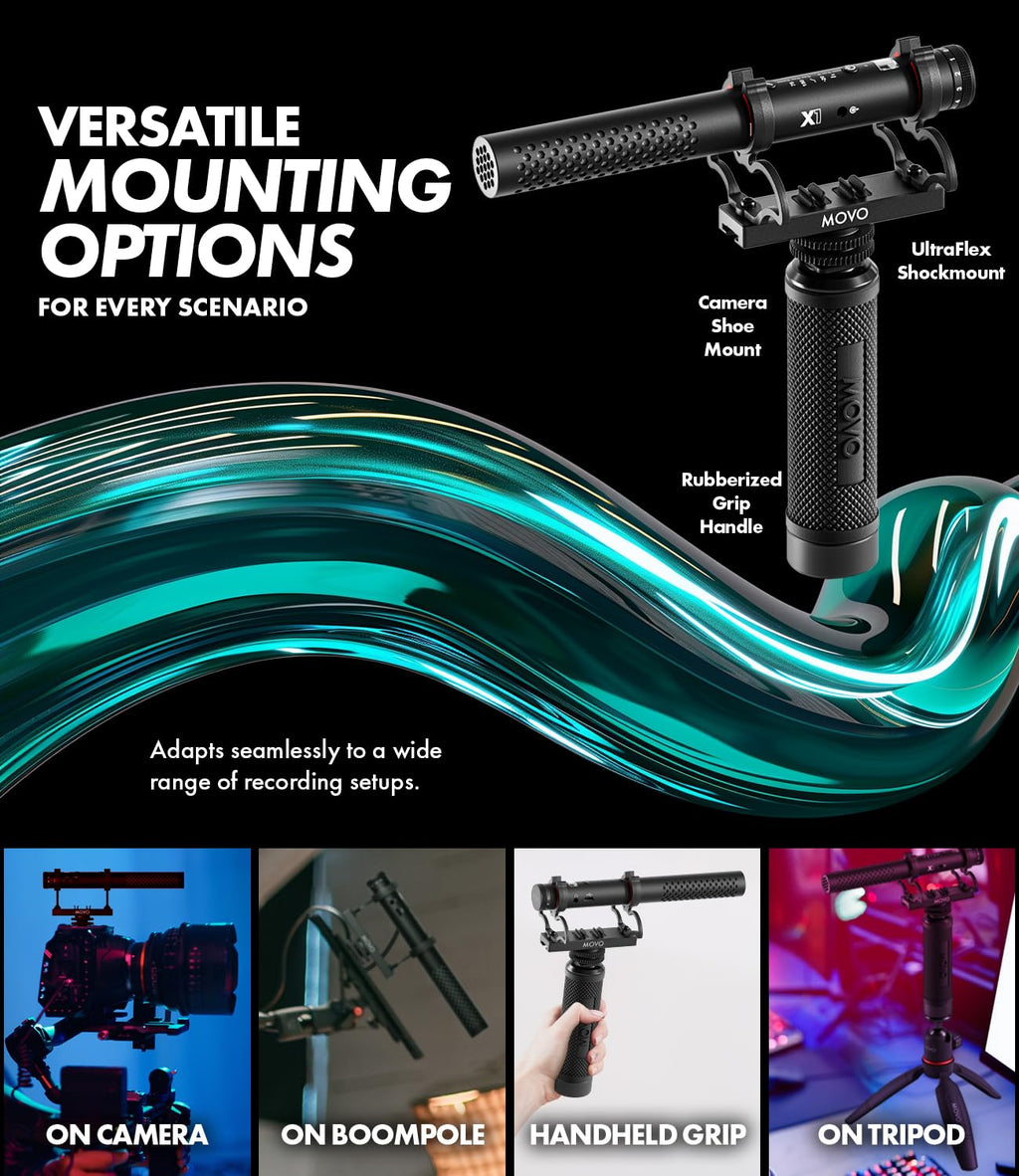 Movo X1 Supercardioid Shotgun Microphone - 3.5mm/XLR/USB-C Camera Mic for DSLR, Smartphones, and Computers - Professional Boom Microphone with Advanced Audio Controls, Tripod, and Accessories