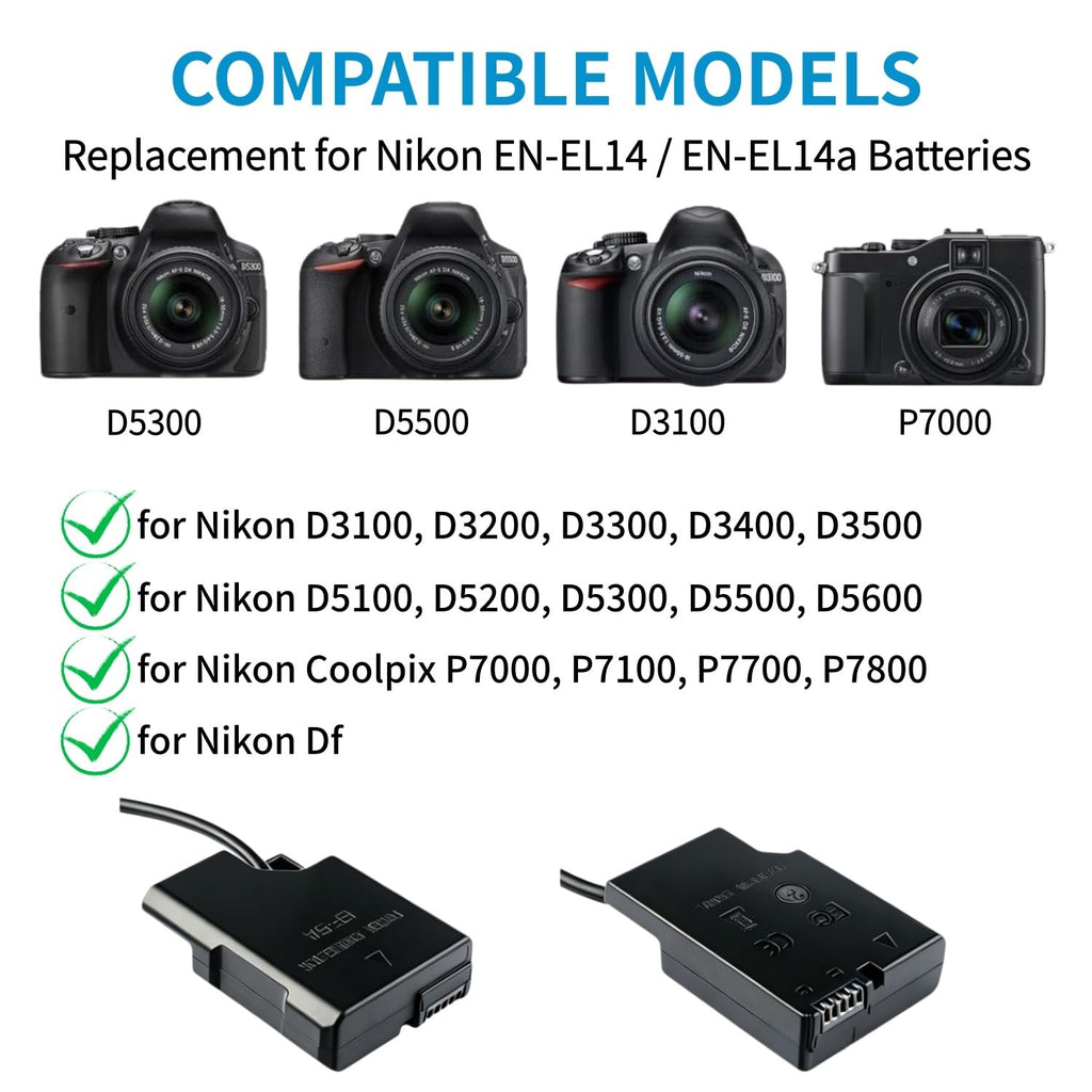 Kimaru EN-EL14a Dummy Battery EH-5a AC Power Adapter EP-5A DC Coupler Kit for Nikon D3500 D3400 D3300 D3200 D3100 D5600 D5500 D5300 D5200 D5100 Df COOLPIX P7000 P7100 P7700 P7800 Cameras