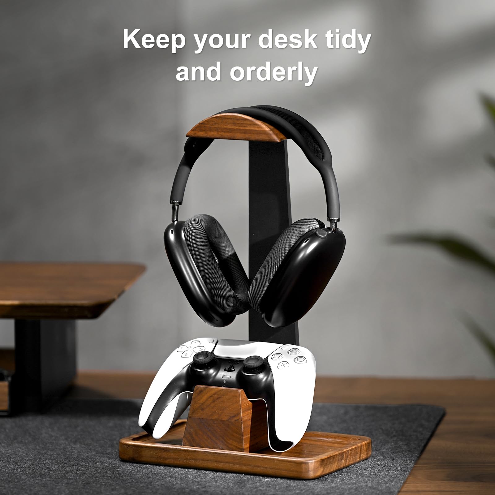UPERGO Walnut Gaming Headset & Controller Stand with Storage