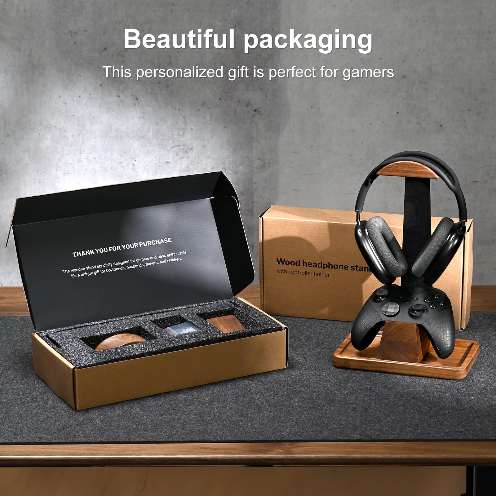 UPERGO Walnut Gaming Headset & Controller Stand with Storage